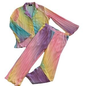 Dressed in Lala Rainbow Daydream Long Sleeve Satin Plisse Lounge Set-M-Dopamine